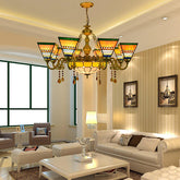 Yellow Stained Glass Pyramid Suspension Light: Rustic Crystal Chandelier - 9 Lights for Bedroom